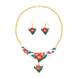 1980s Vintage Cloisonné Heart Necklace and Earrings Set