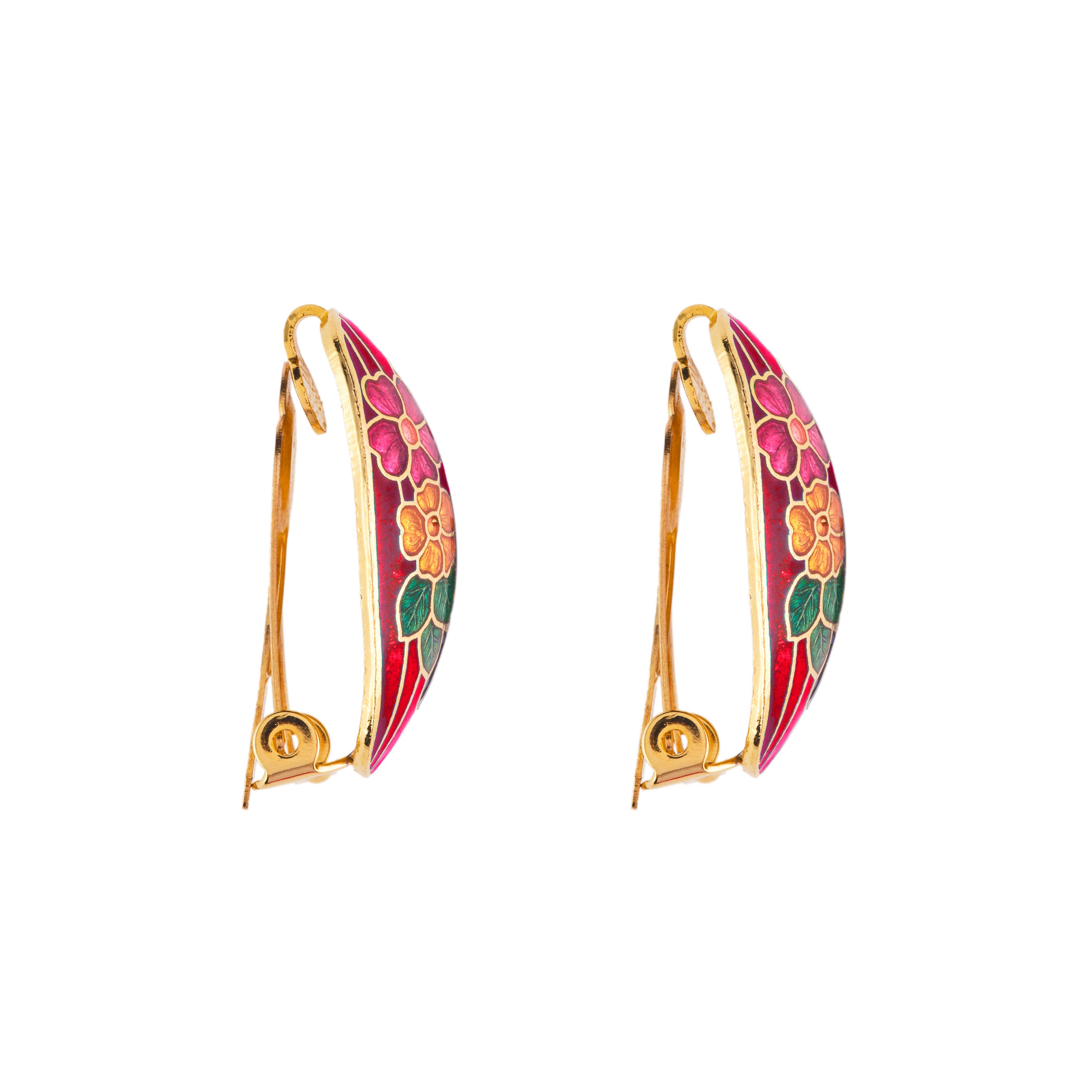 1980s Vintage Cloisonné Demi Hoop Clip-On Earrings