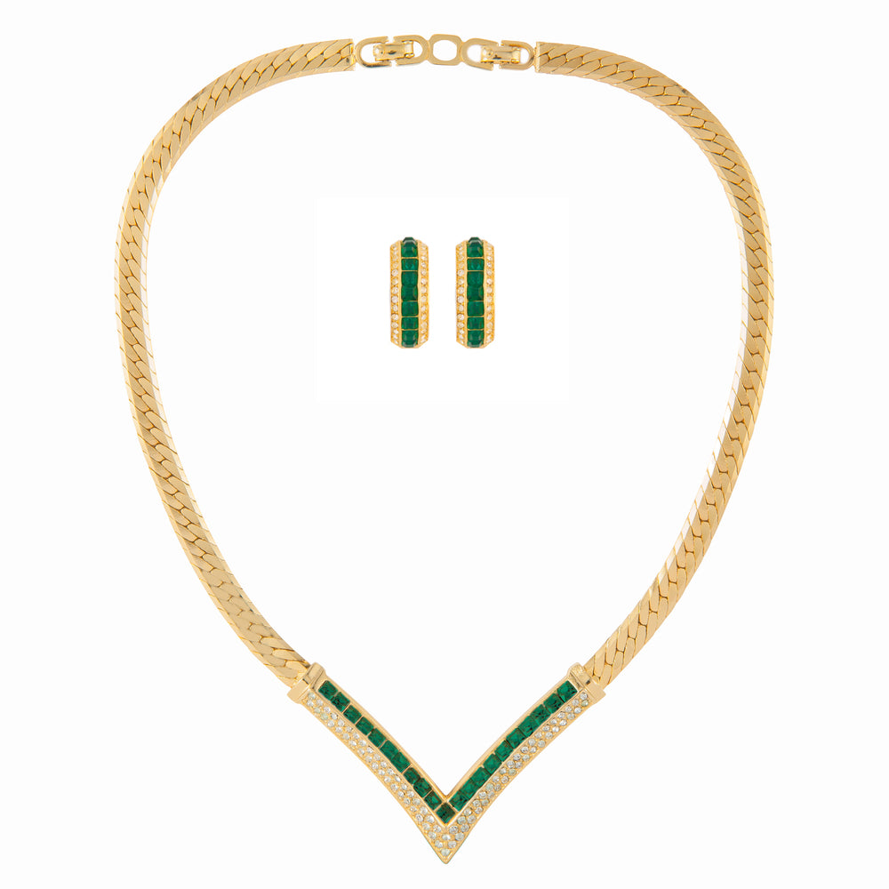 1980s Vintage Christian Dior Emerald Earring and Necklace Set
