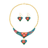 1980s Vintage Cloisonné Heart Necklace and Earrings Set