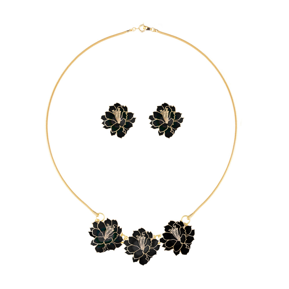 1980s Vintage Cloisonné Lotus Flower Necklace and Clip-On Earrings Set