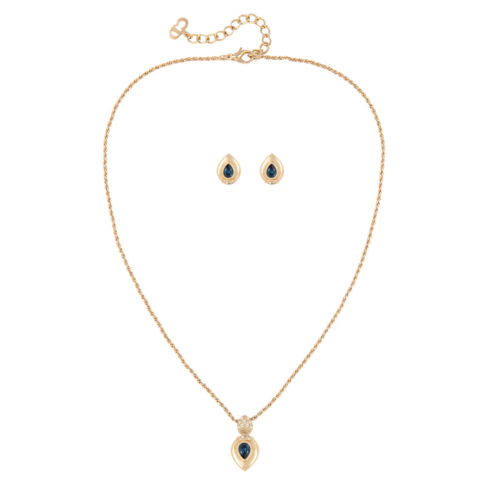 1980s Vintage Christian Dior Faux Sapphire Necklace And Earring Set