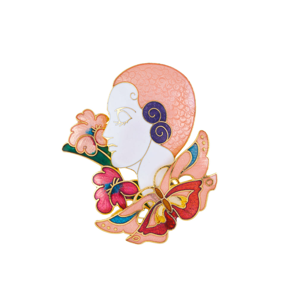 1980s Vintage Cloisonné Art Deco Lady Brooch