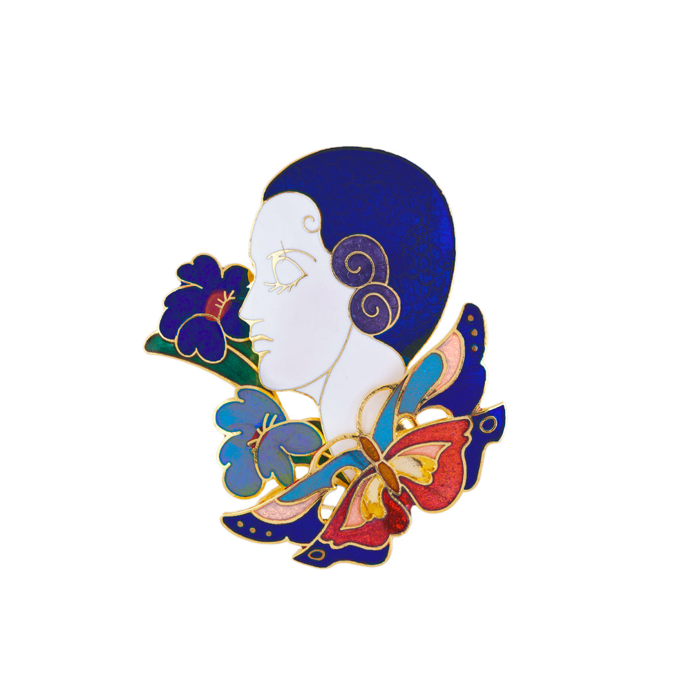 1980s Vintage Cloisonné Art Deco Lady Brooch
