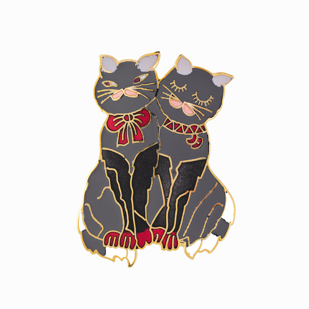 1980s Vintage Cloisonné Love Cats Brooch