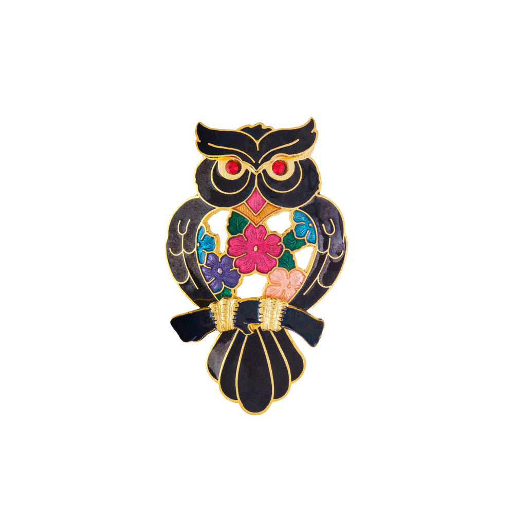 1980s Vintage Cloisonné Owl Brooch