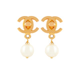 1996 Vintage Chanel Logo Pearl Drop Earrings