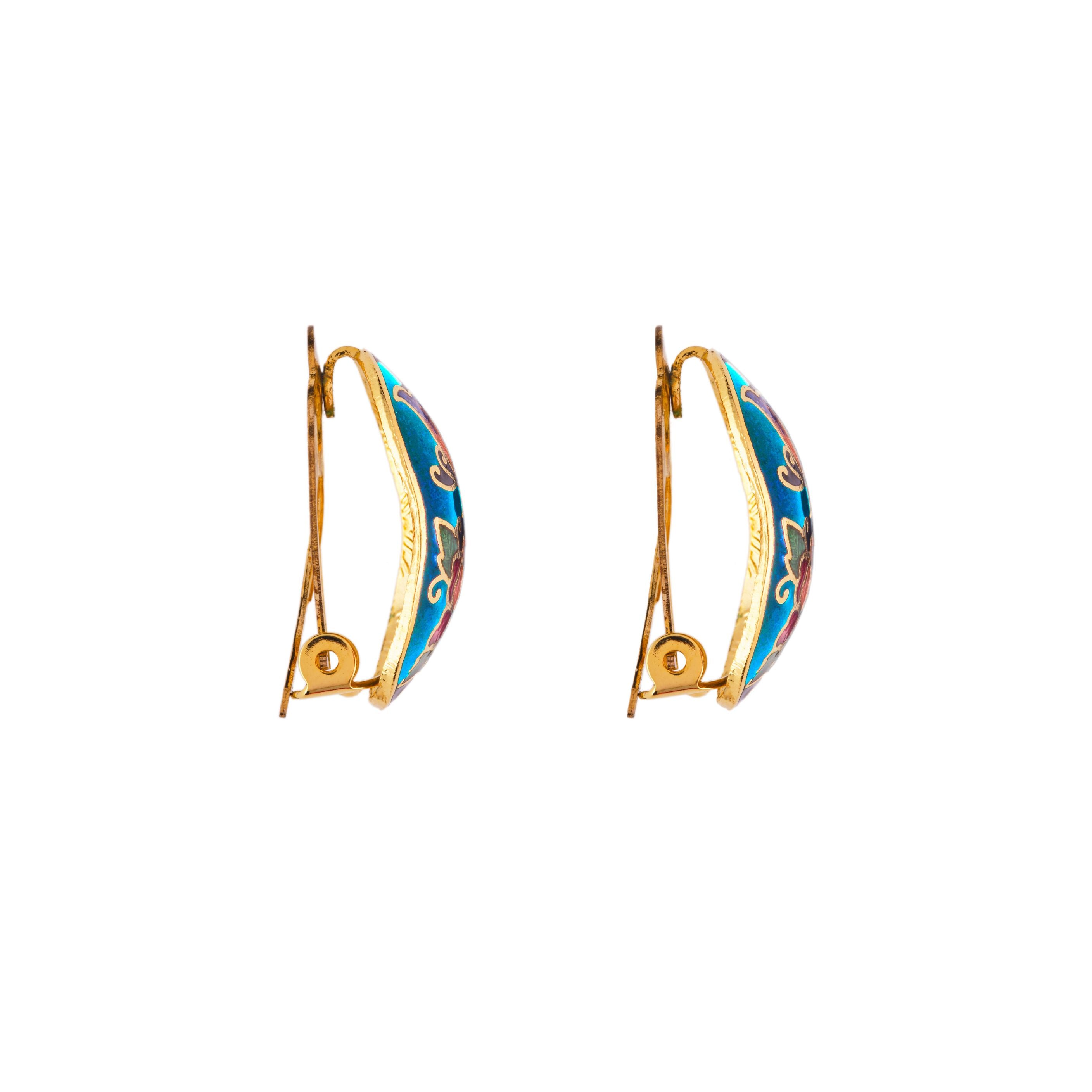 1980s Vintage Cloisonné Demi Hoop Clip-On Earrings