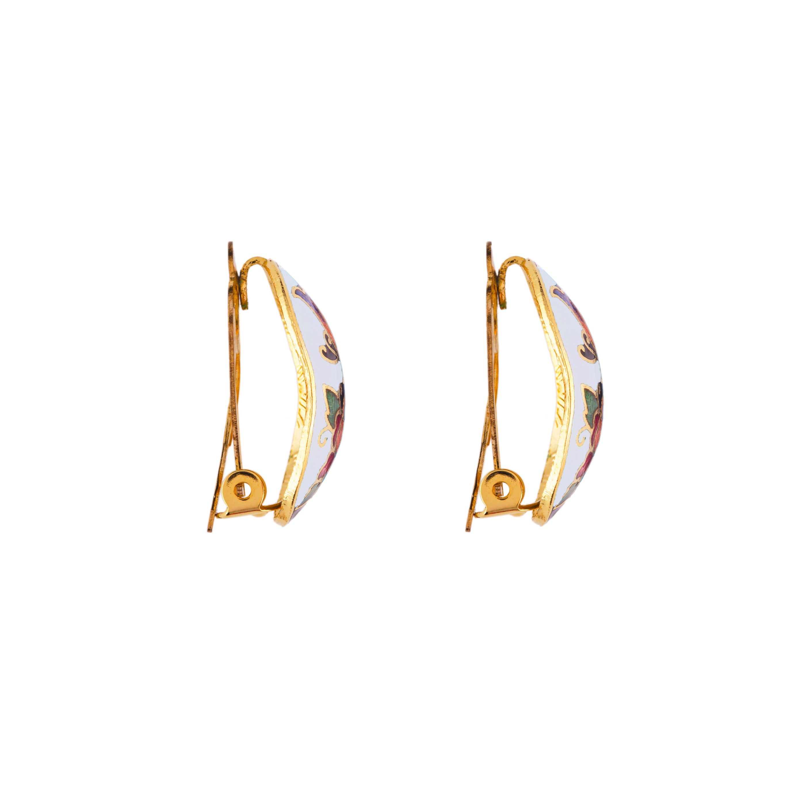 1980s Vintage Cloisonné Demi Hoop Clip-On Earrings