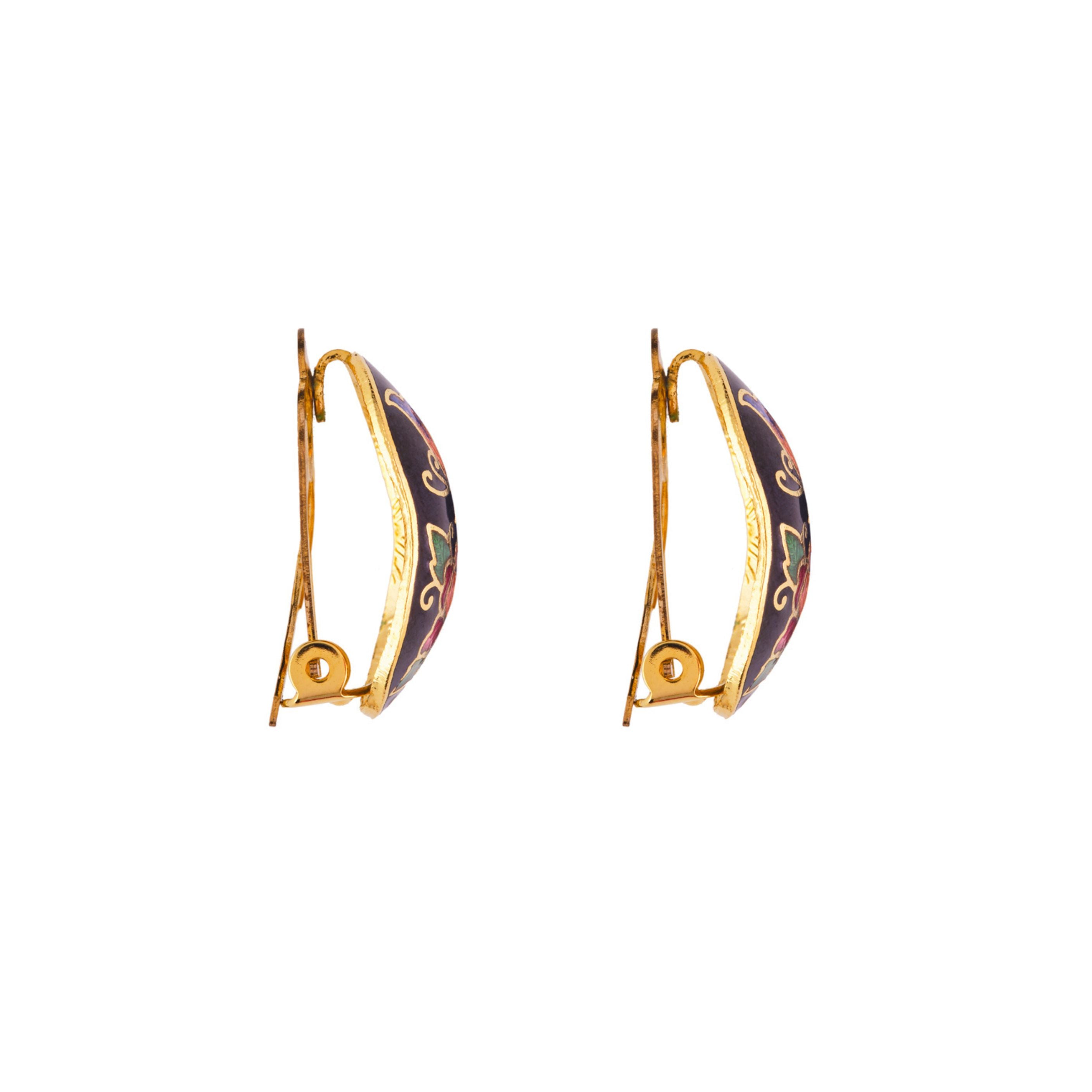 1980s Vintage Cloisonné Demi Hoop Clip-On Earrings
