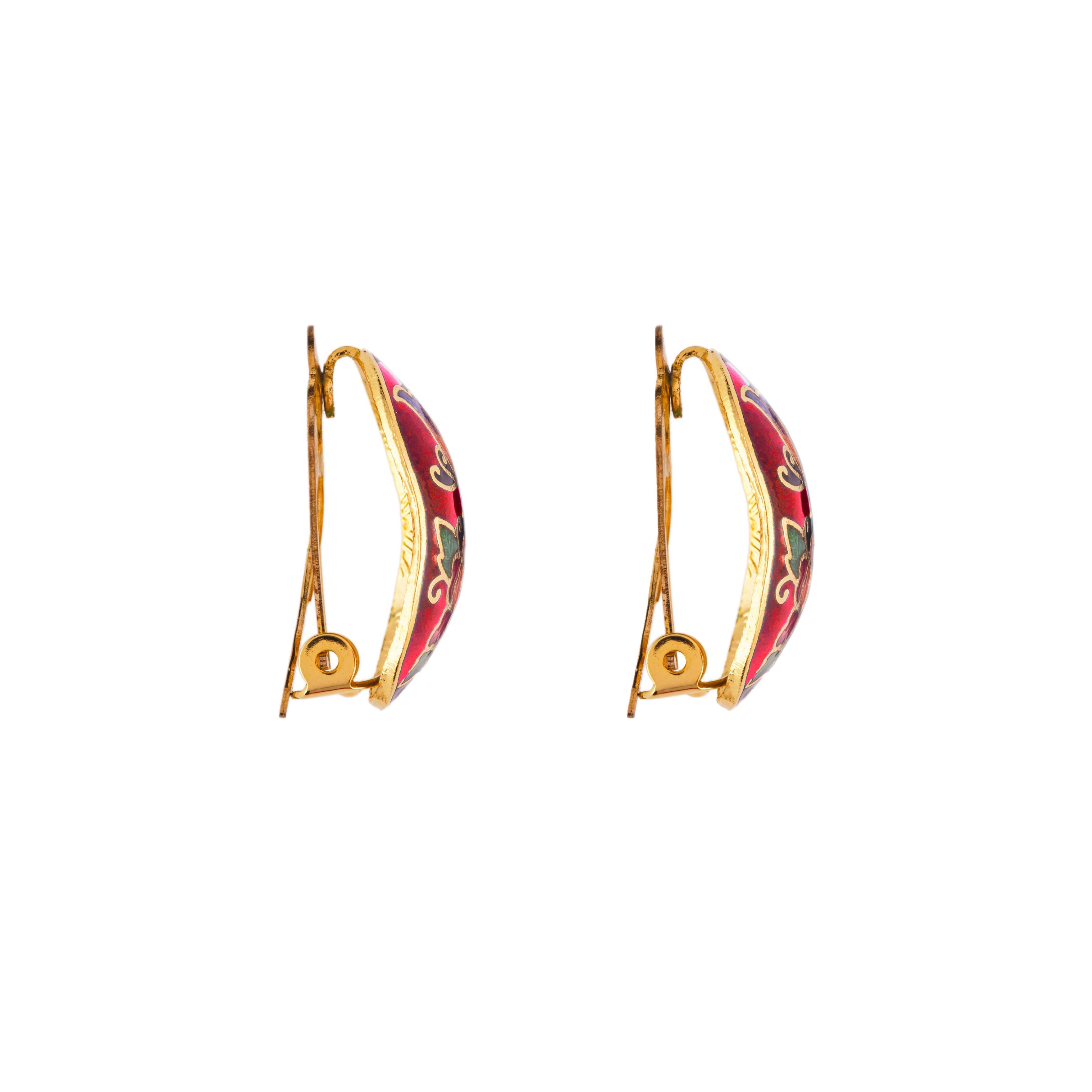 1980s Vintage Cloisonné Demi Hoop Clip-On Earrings