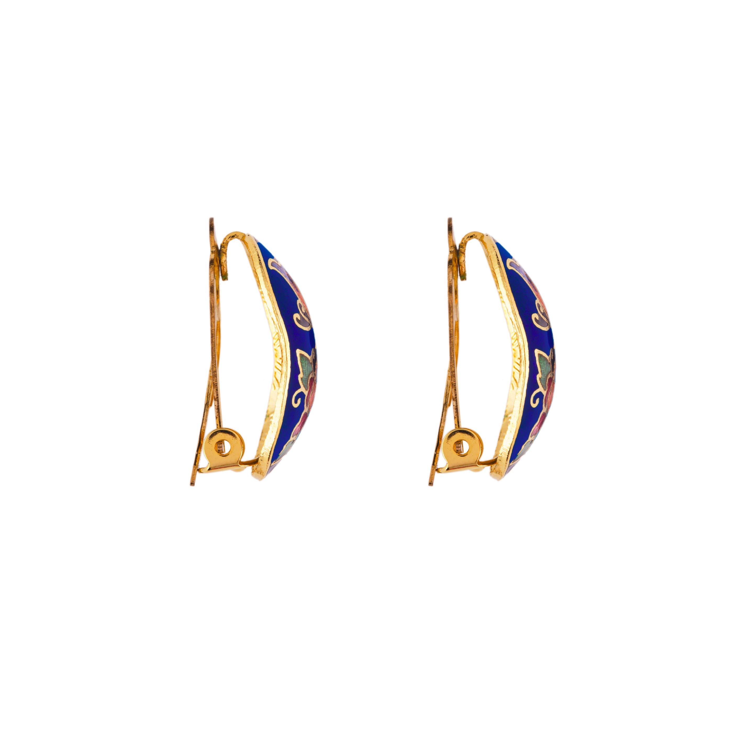 1980s Vintage Cloisonné Demi Hoop Clip-On Earrings