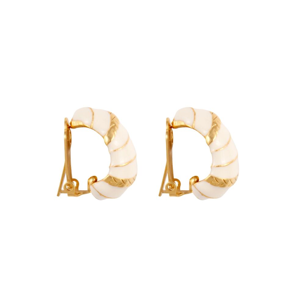 1990s Vintage Cream Enamel Hoop Clip-On Earrings