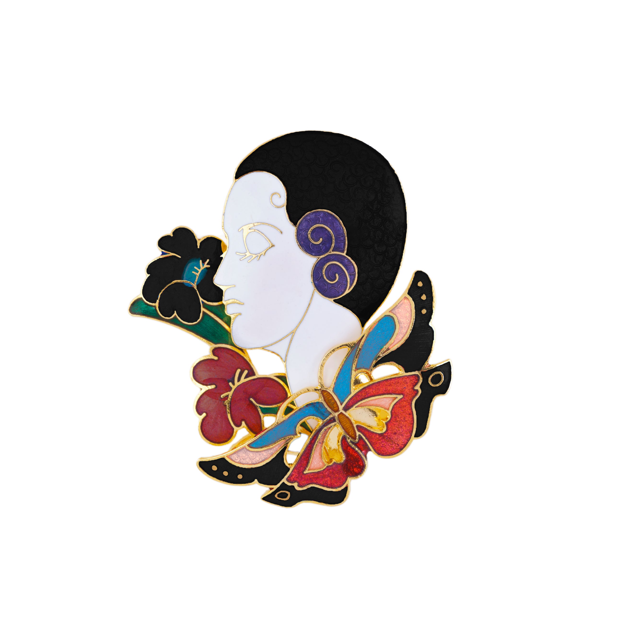 1980s Vintage Cloisonné Art Deco Lady Brooch