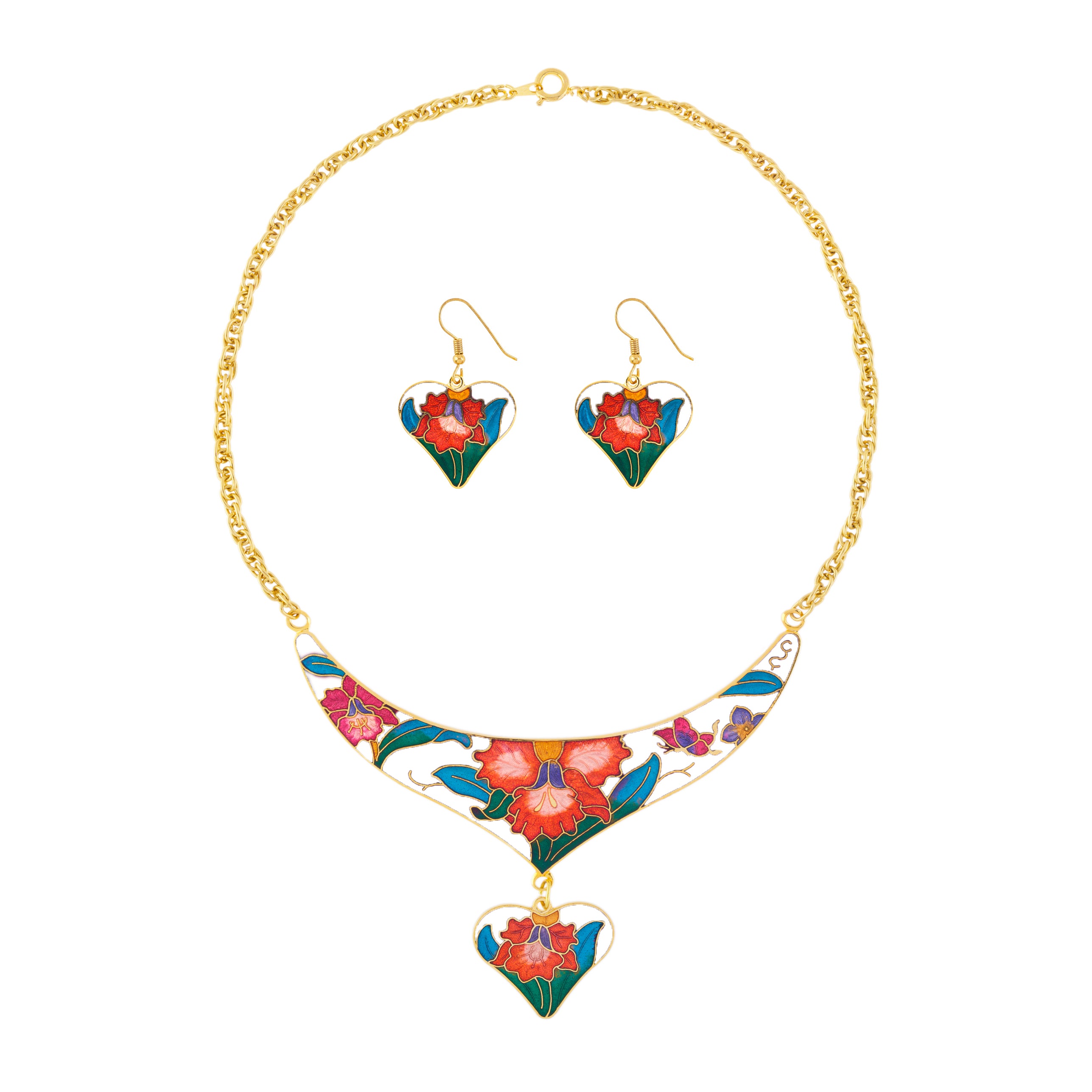 1980s Vintage Cloisonné Heart Necklace and Earrings Set