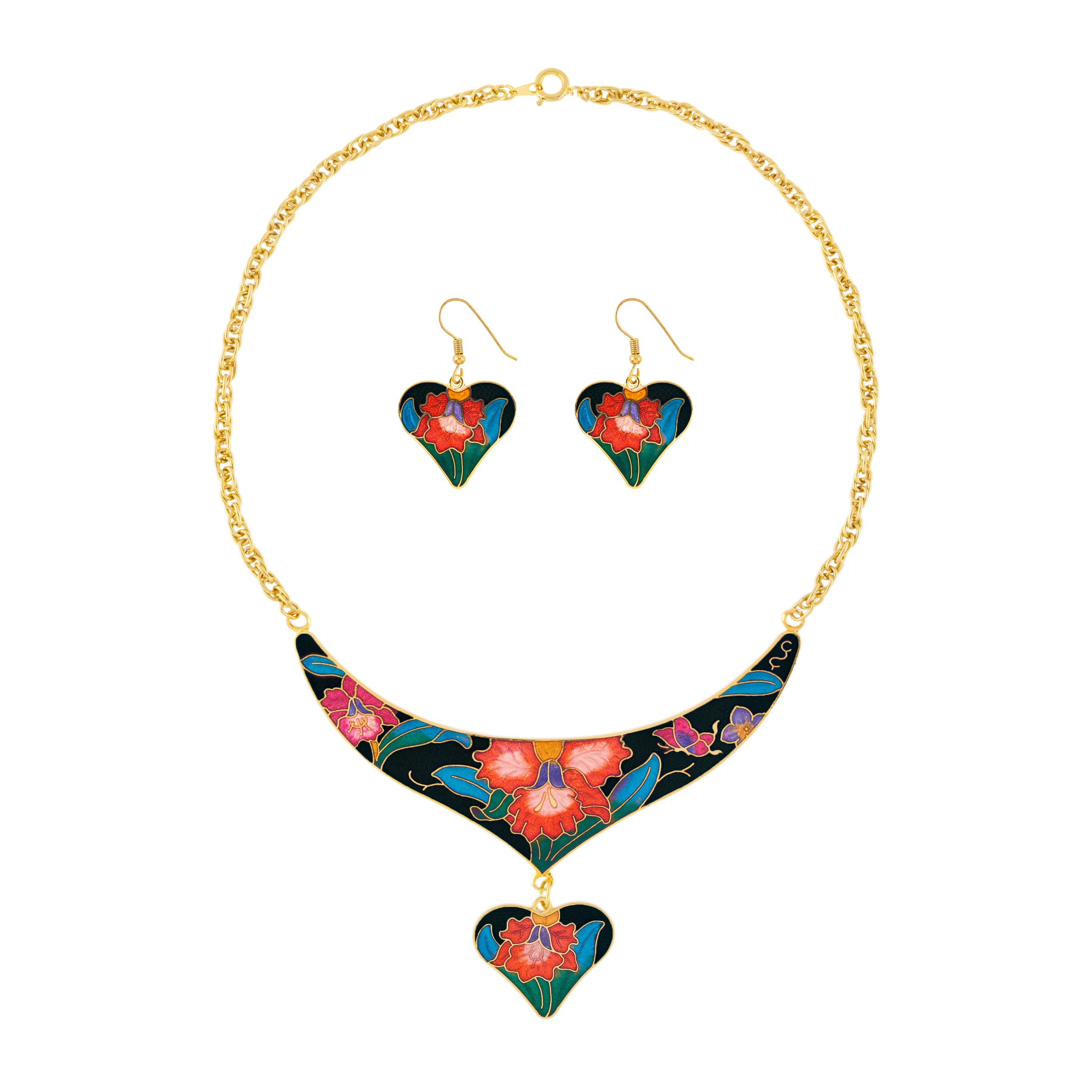 1980s Vintage Cloisonné Heart Necklace and Earrings Set