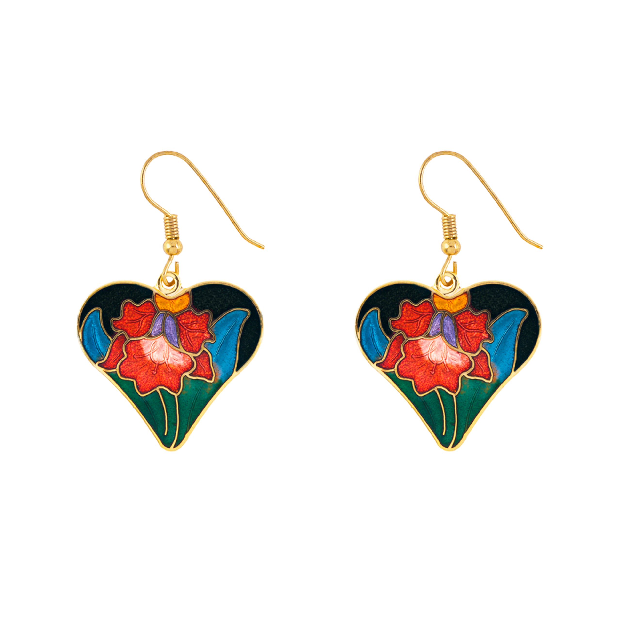 1980s Vintage Cloisonné Heart Necklace and Earrings Set