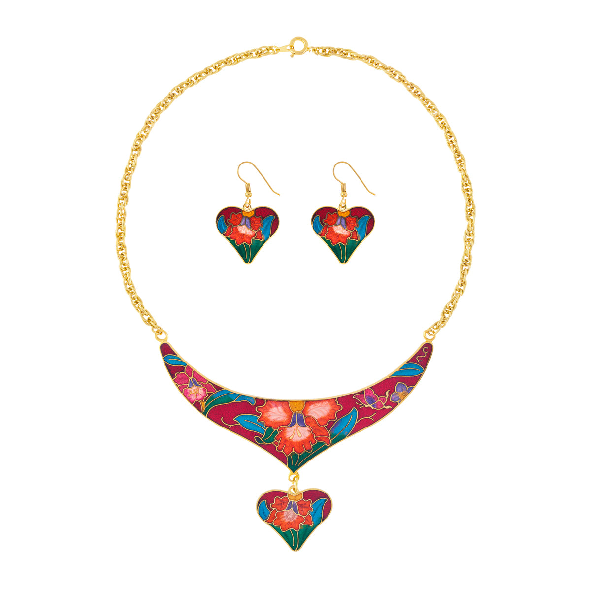 1980s Vintage Cloisonné Heart Necklace and Earrings Set