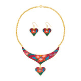 1980s Vintage Cloisonné Heart Necklace and Earrings Set