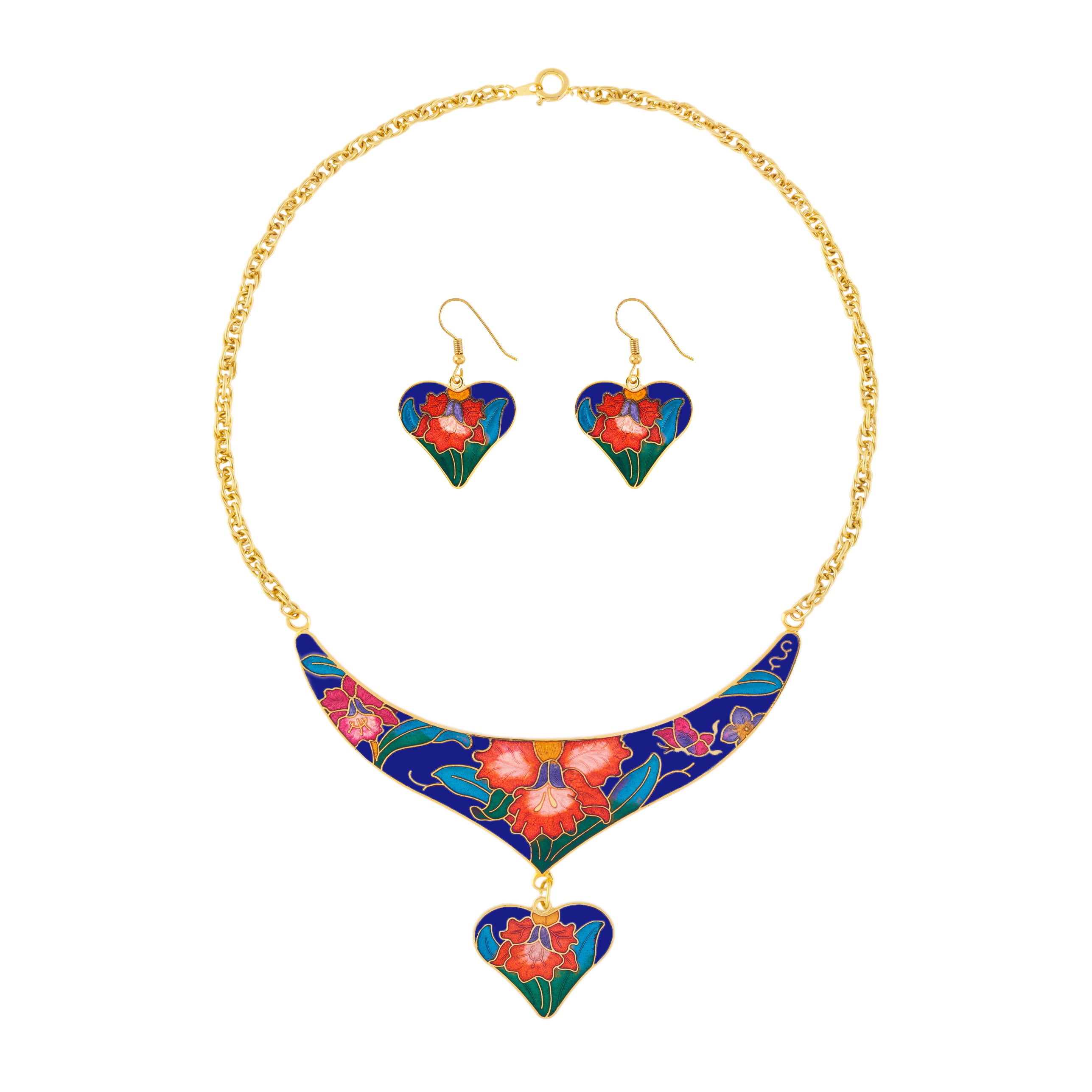 1980s Vintage Cloisonné Heart Necklace and Earrings Set