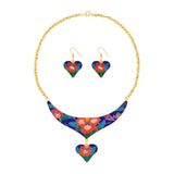 1980s Vintage Cloisonné Heart Necklace and Earrings Set
