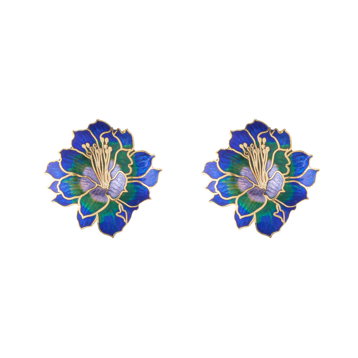 1980s Vintage Cloisonné Lotus Flower Necklace and Clip-On Earrings Set