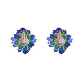 1980s Vintage Cloisonné Lotus Flower Necklace and Clip-On Earrings Set