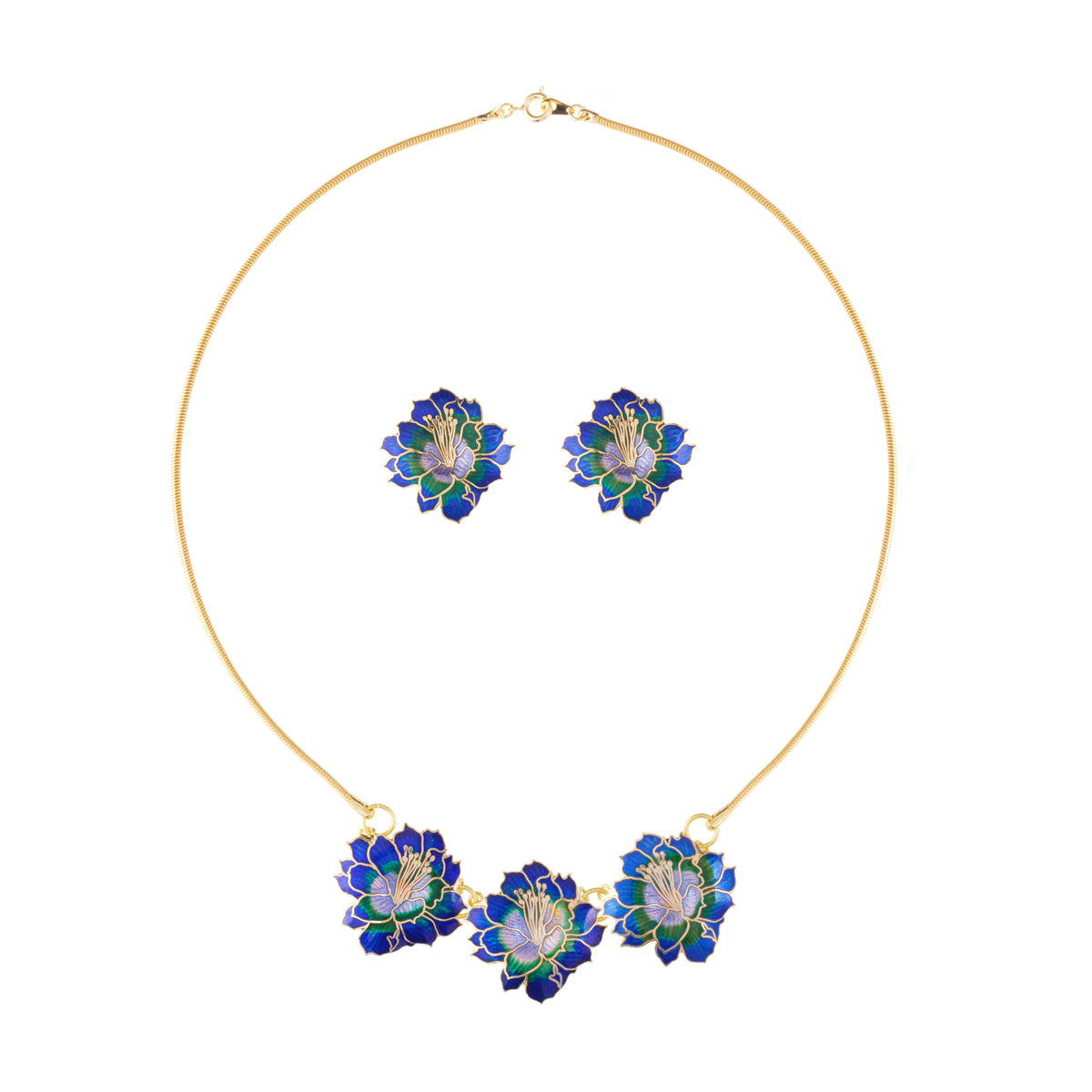 1980s Vintage Cloisonné Lotus Flower Necklace and Clip-On Earrings Set
