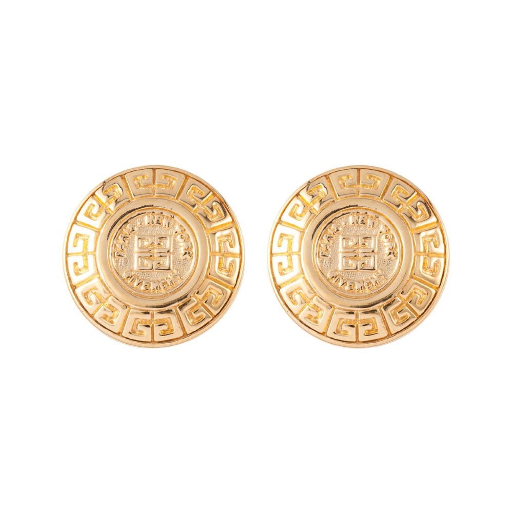 1980s Vintage Givenchy Logo Round Clip-On Earrings