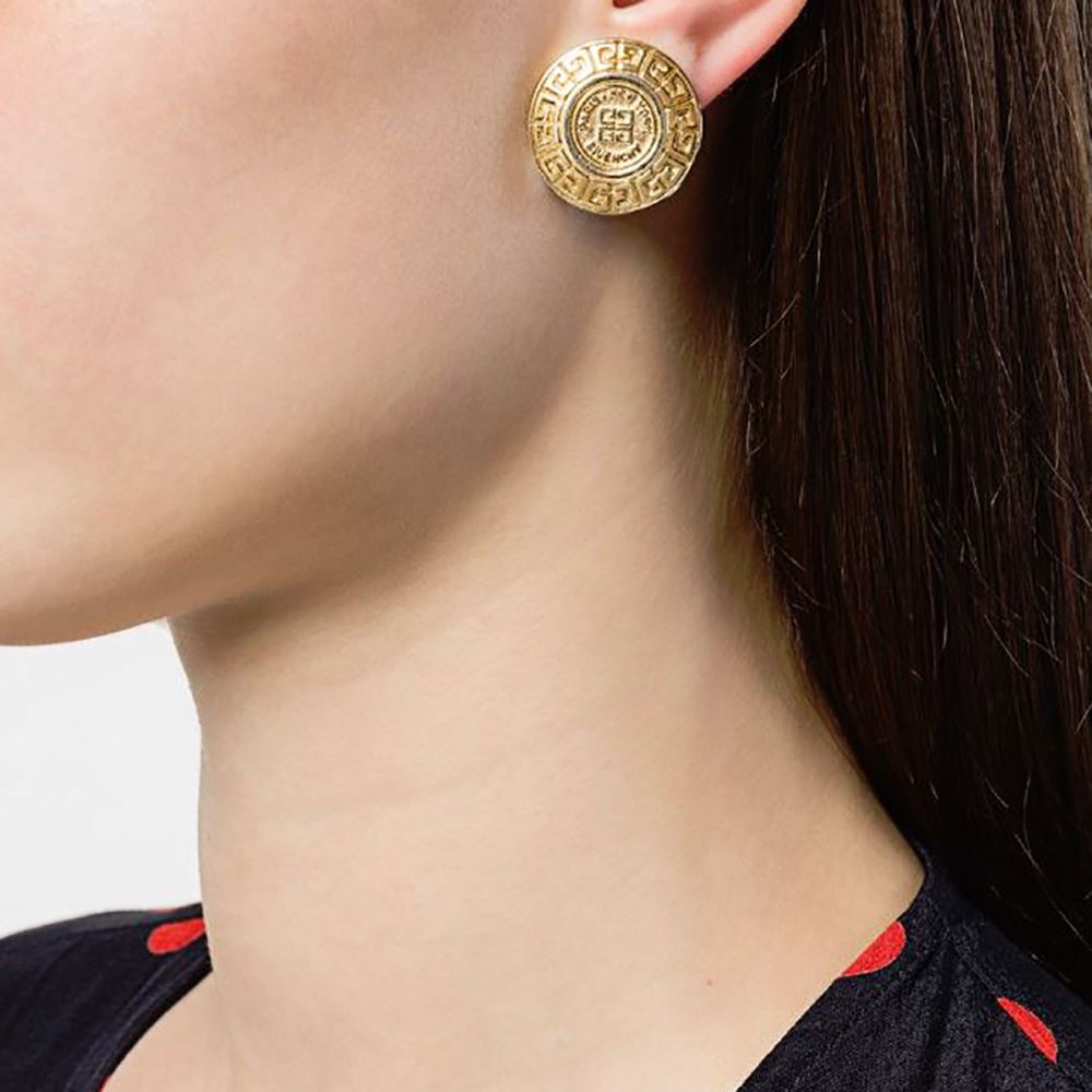 1980s Vintage Givenchy Logo Round Clip-On Earrings