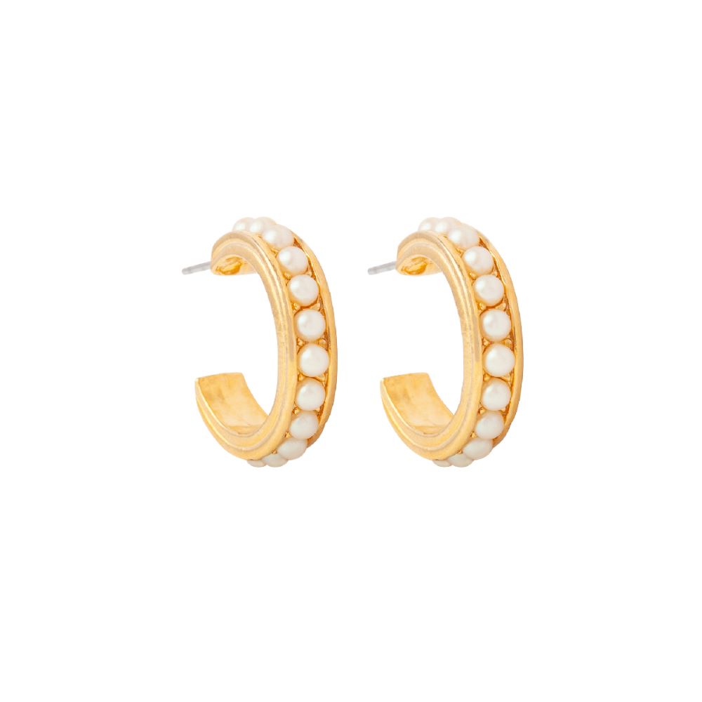 1990s Vintage Gold Pearl Hoop Earrings