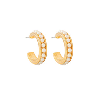 1990s Vintage Gold Pearl Hoop Earrings