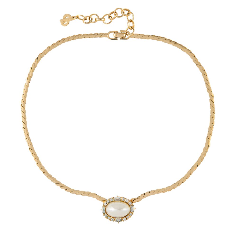 1980s Vintage Christian Dior Faux Pearl and Crystal Necklace